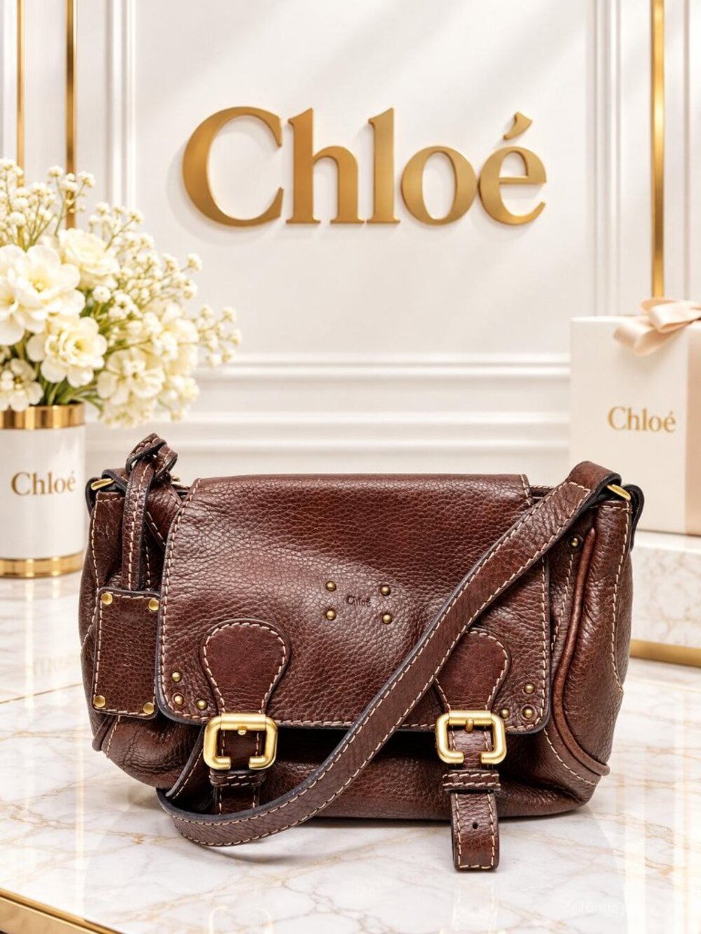 Authentic Chloé Brown Leather Mini Messenger Crossbody Bag Gold Buckle Vintage